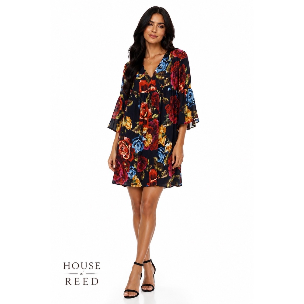 Show Me Your Mumu Lolita Mini Dress Floral Bell Sleeve V-Neck Navy Small